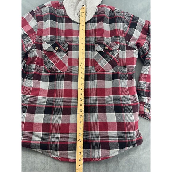 Wrangler Authentics Jacket Mens Large Red Gray Plaid Hooded Flannel Lined Shirt - Picture 9 of 11